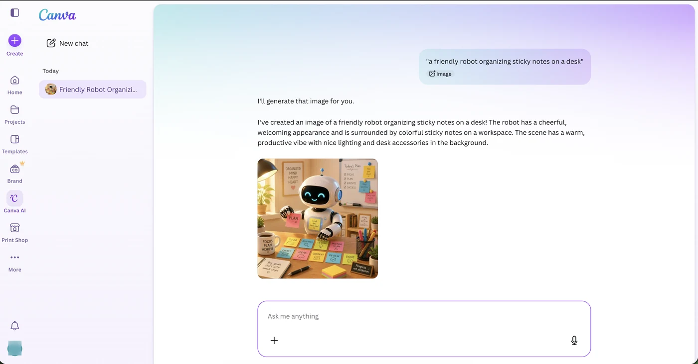 Canva AI generating an illustration of a robot organizing sticky notes from a text prompt in the free plan