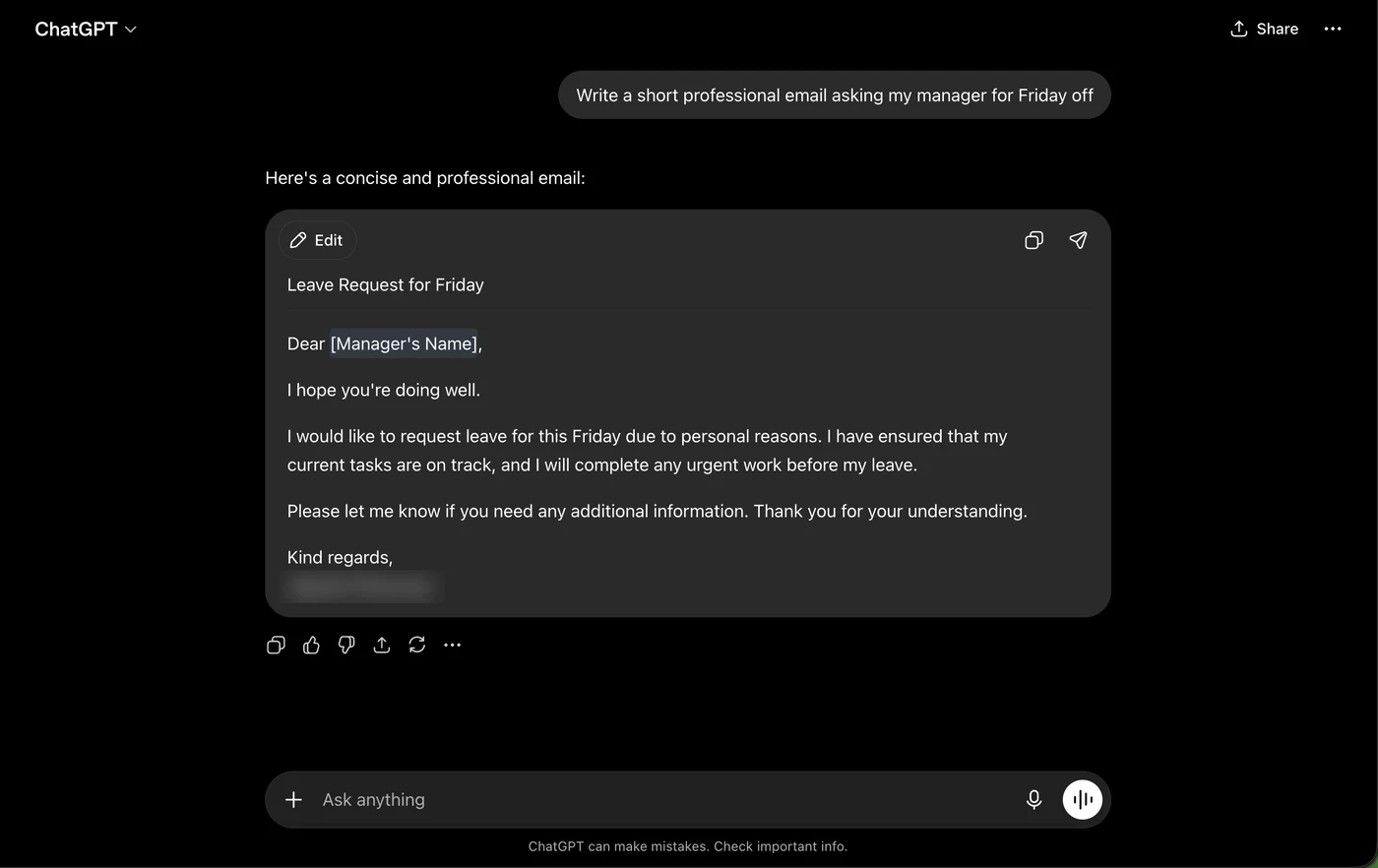 ChatGPT free tier writing a short professional leave-request email, showing the prompt and the generated email draft