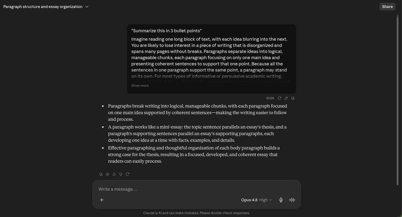 Claude free tier summarizing a pasted paragraph into three bullet points, showing the prompt and response