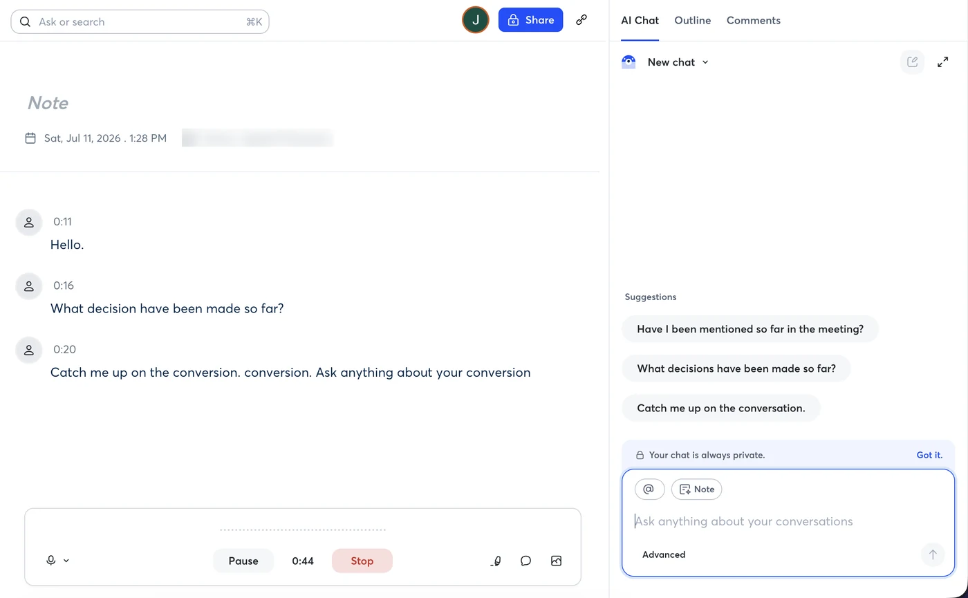 Otter.ai live recording session on the free tier showing a timestamped transcript being generated in real time with the recorder controls and AI chat panel