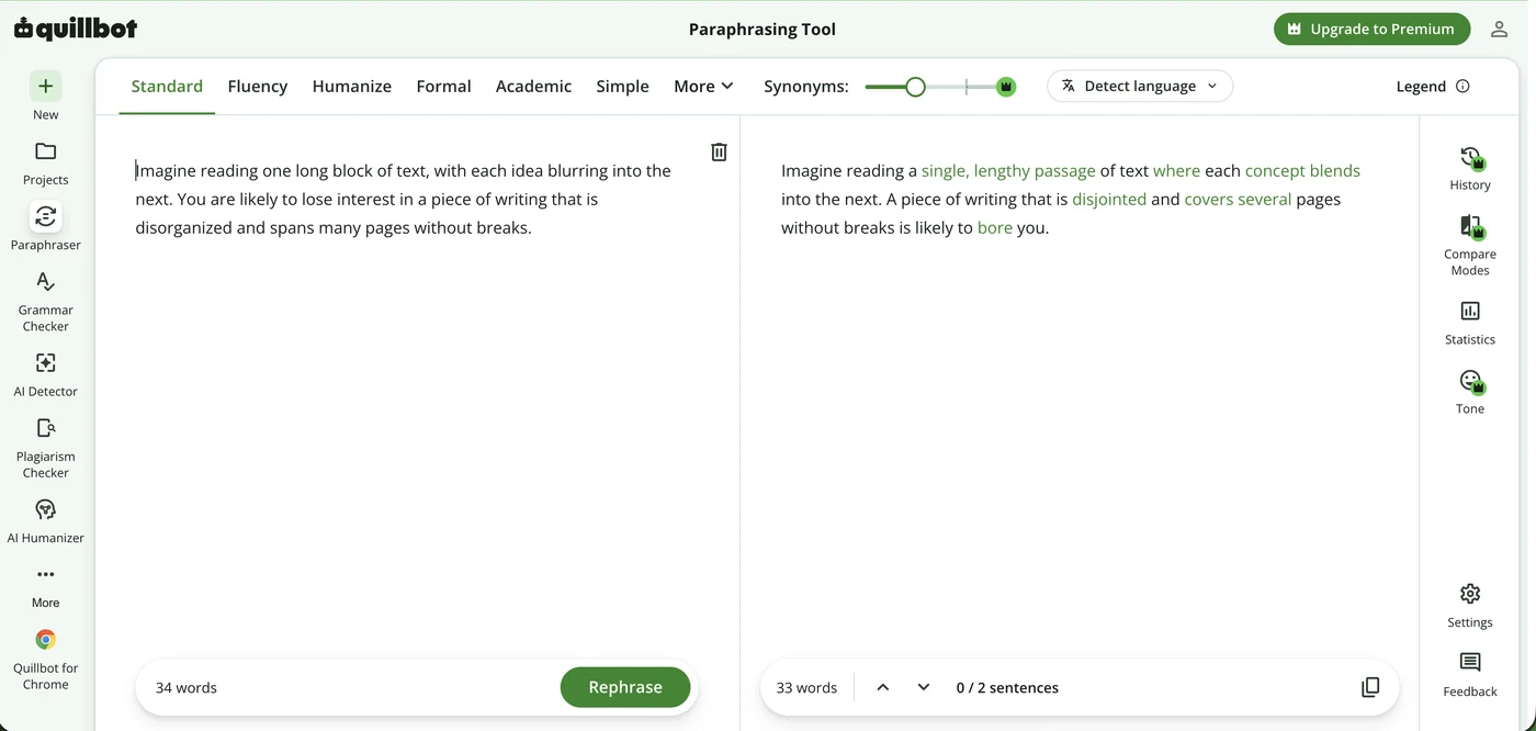 QuillBot free paraphraser showing an original sentence on the left and the rewritten version on the right with word counts